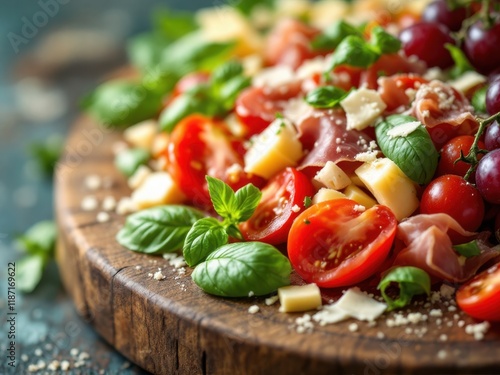 Fresh italian antipasto with cherry tomatoes, basil, grapes, and cheese on wooden platter