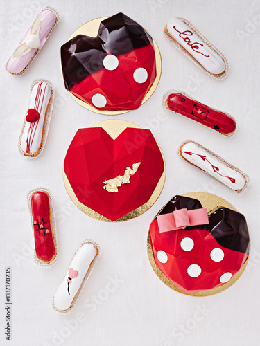 Delightful Modern Pastries Shaped Like Hearts and Playful Motifs for a Special Celebration Event photo