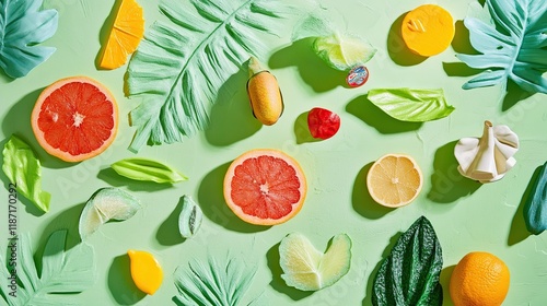 Wallpaper Mural Tropical fruit and leaf flatlay on green background. Torontodigital.ca