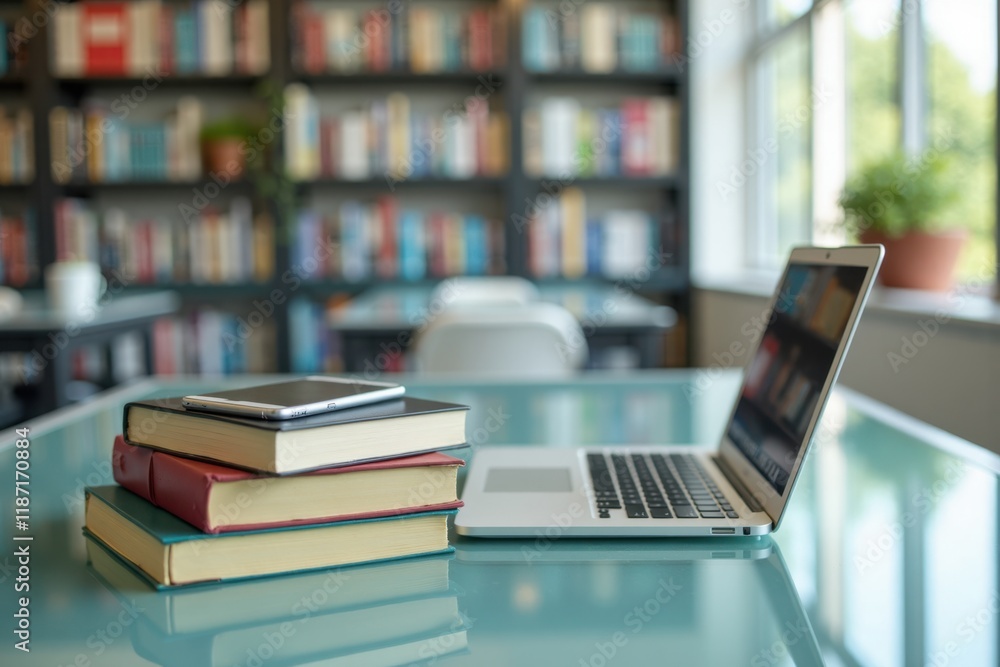 A sleek glass table with a laptop and a stack of new educational books, celebrating International Education Day, positioned in front of a modern library filled with rows of books A sleek glass table with a laptop and a stack of new educational books, celebrating International Education Day, positioned in front of a modern library filled with rows of books
