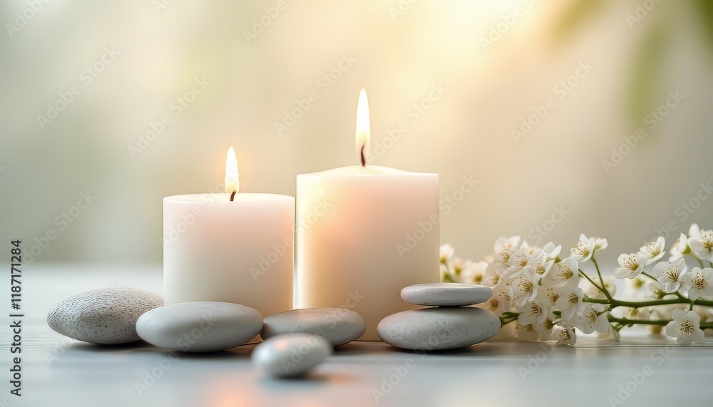 Two white candles surrounded by pebbles and delicate flowers creating a serene atmosphere. Two white candles surrounded by pebbles and delicate flowers creating a serene atmosphere.