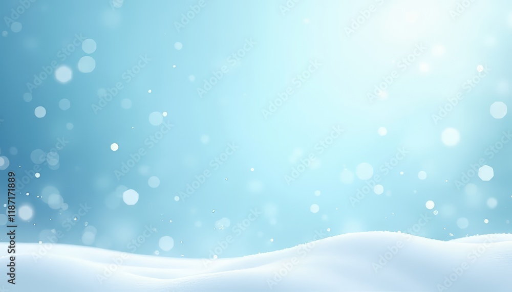 Fototapeta premium Serene snow landscape with soft blue hues and glistening snowflakes.