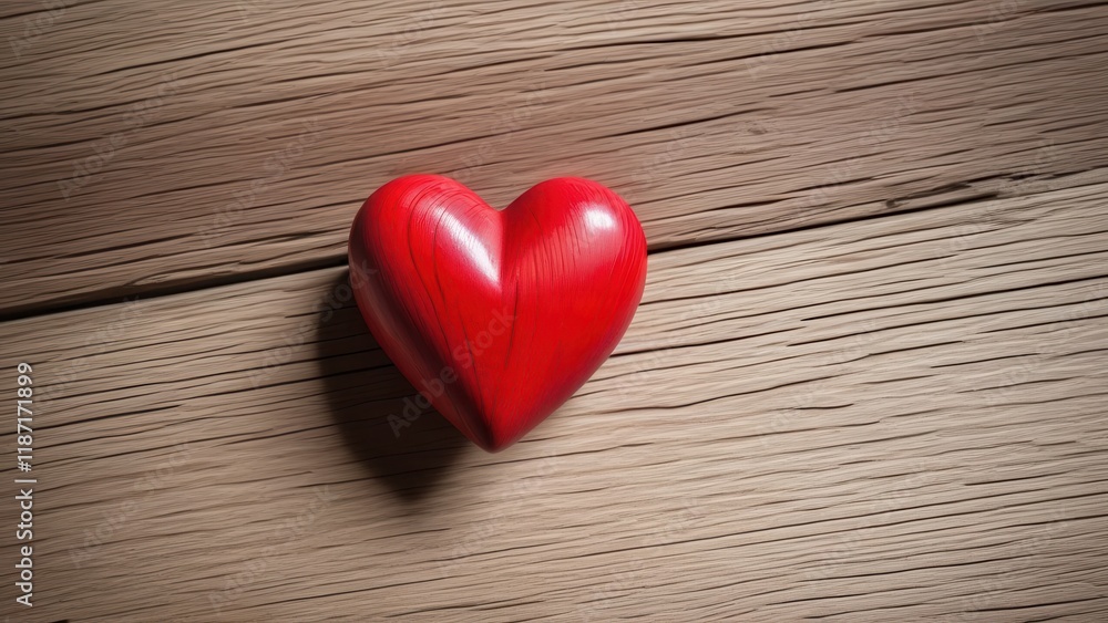 Detailed wooden surface with a bright red heart, soft shadows, and warm natural tones Detailed wooden surface with a bright red heart, soft shadows, and warm natural tones