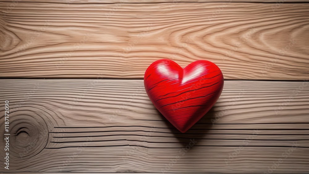 Red heart on rustic wooden background, natural light highlighting wood grain details Red heart on rustic wooden background, natural light highlighting wood grain details