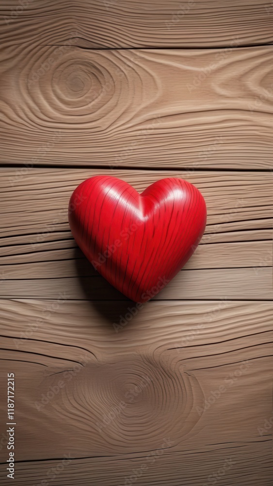 Vivid red heart on textured wood under warm natural light in a simple arrangement Vivid red heart on textured wood under warm natural light in a simple arrangement