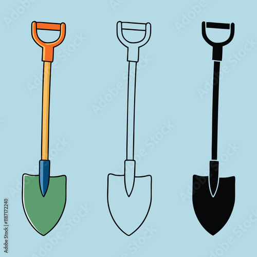 garden shovel color, line art, and silhouette vector illustration