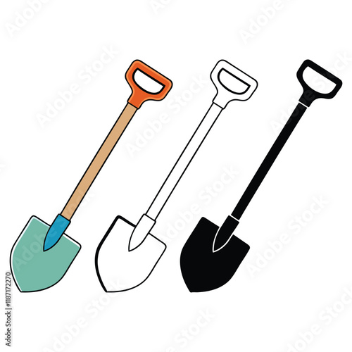 A set garden shovel. color, line art, and silhouette
