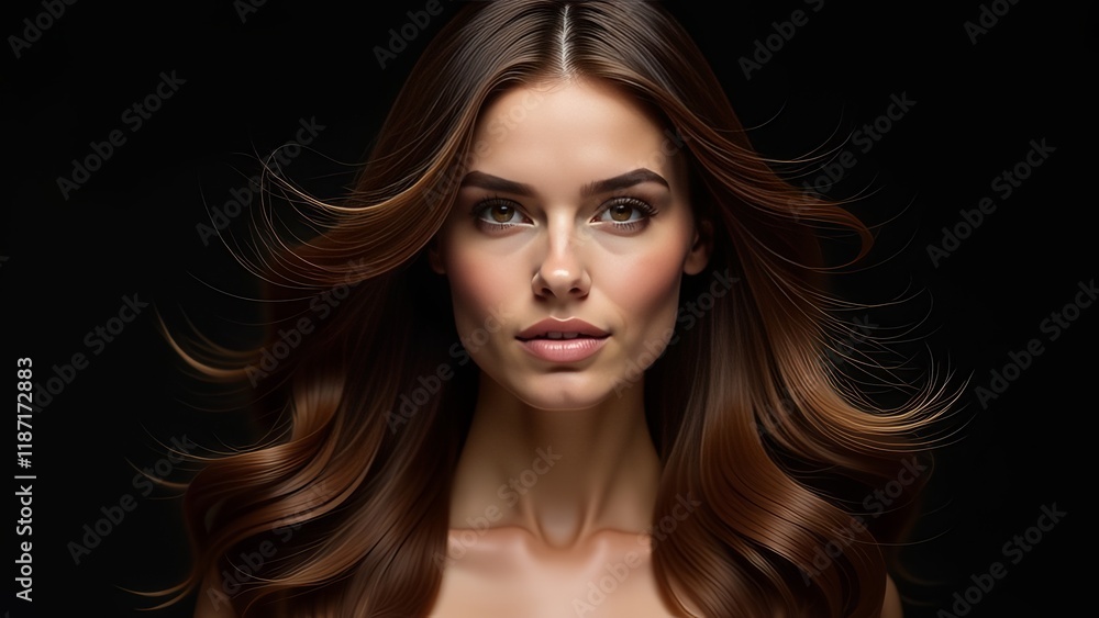 Fototapeta premium Beauty brunette girl with long and shiny wavy hair . Beautiful woman model with curly hairstyle shine and volume in black dress on dark background, hair care products and luxury salons.