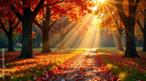 Autumnal Pathway Basking in Golden Sunlight A Serene Landscape of Crimson and Gold Leaves