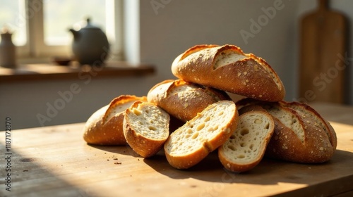 Golden-crusted artisan loaves, freshly baked and sliced, sit on a sun-drenched wooden surface, a tempting display of wholesome bakery goodness