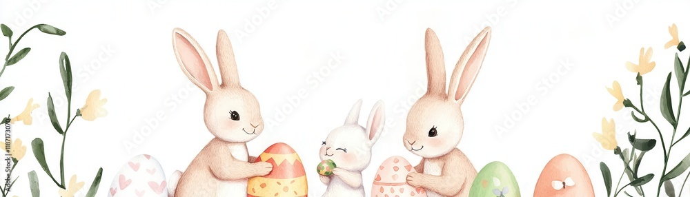 Fototapeta premium Cute rabbits painting and decorating eggs for Easter celebration.