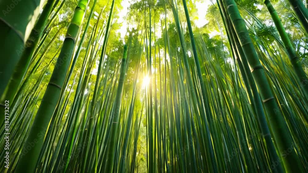 Sun rays piercing through a dense, green bamboo forest from a low-angle perspective, creating a dynamic and immersive video Sun rays piercing through a dense, green bamboo forest from a low-angle perspective, creating a dynamic and immersive video