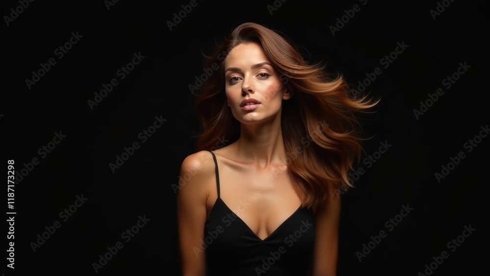 Beauty brunette girl with long and shiny wavy hair . Beautiful woman model with curly hairstyle shine and volume in black dress on dark background, hair care products and luxury salons. Beauty brunette girl with long and shiny wavy hair . Beautiful woman model with curly hairstyle shine and volume in black dress on dark background, hair care products and luxury salons.