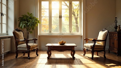 Serene autumnal sunlight streams through a large window, illuminating a pair of elegant antique armchairs and a coffee table, creating a peaceful and inviting atmosphere in a classic interior space.