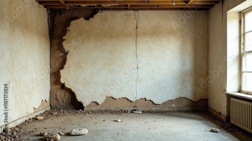 A dilapidated room with exposed earth and damaged plaster walls, a solitary window admitting natural light, and remnants of debris scattered on the floor.