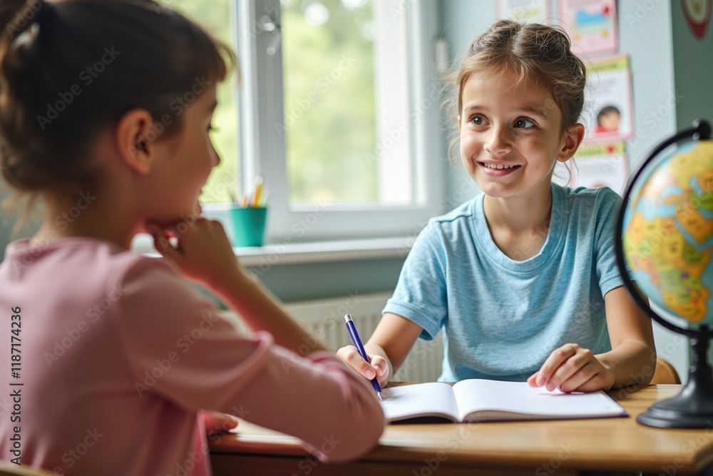 A young student is seen from behind, writing in a notebook at a study desk decorated for A young student is seen from behind, writing in a notebook at a study desk decorated for
