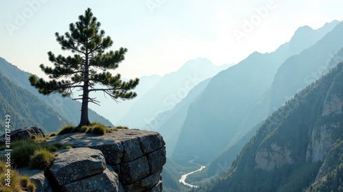 Lone Pine on a Rocky Clifftop Overlooking a Serene Mountain Valley Landscape