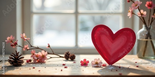 A handcrafted heart resting on a wooden surface, adorned with delicate blossoms and pinecones, bathed in the soft glow of sunlight filtering through a window