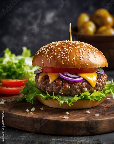 fresh tasty burger on dark background