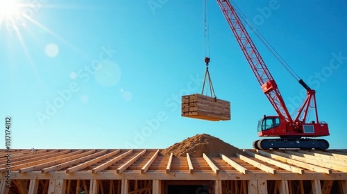 A red crane lifts a bundle of lumber beams onto a newly constructed wooden house frame under a bright sunny sky