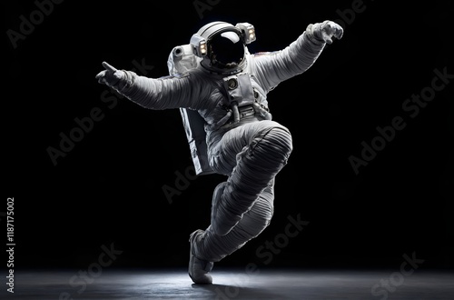 an astronaut dancing, isolated on a black background