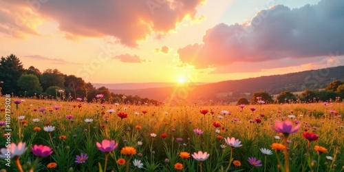 Serene Sunset Illuminates Vibrant Wildflower Meadow, Golden Hour Paints Landscape with Warm Hues