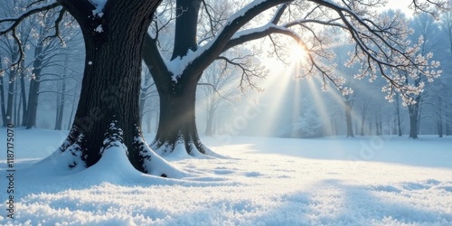 Winter wonderland scene majestic trees draped in snow, sun rays illuminating a serene snow covered landscape