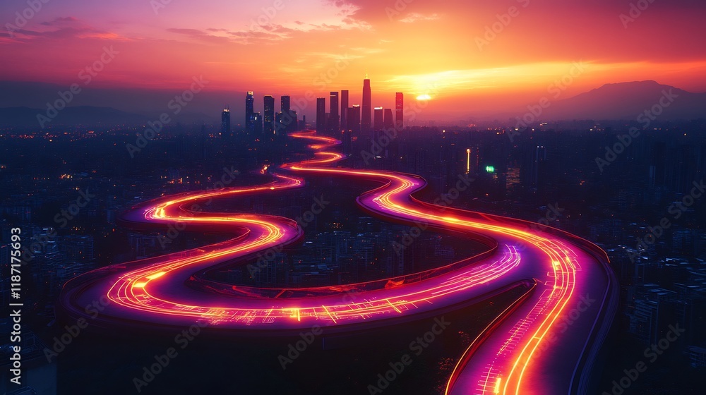 Fototapeta premium Roadmap glowing pathways key milestones set against a futuristic urban skyline at sunset