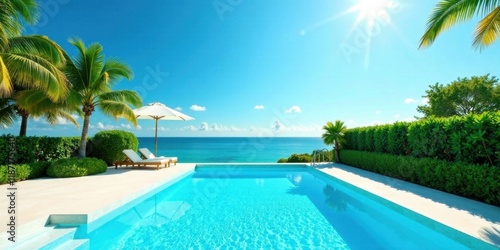 Oceanfront Paradise Luxurious Poolside Relaxation with Lush Greenery and Tranquil Blue Waters