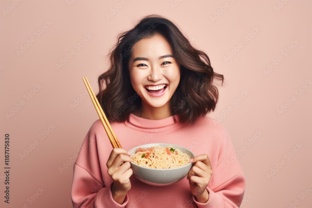 Joyful young woman enjoying a bowl of instant noodles, demonstrating asian culinary traditions Joyful young woman enjoying a bowl of instant noodles, demonstrating asian culinary traditions