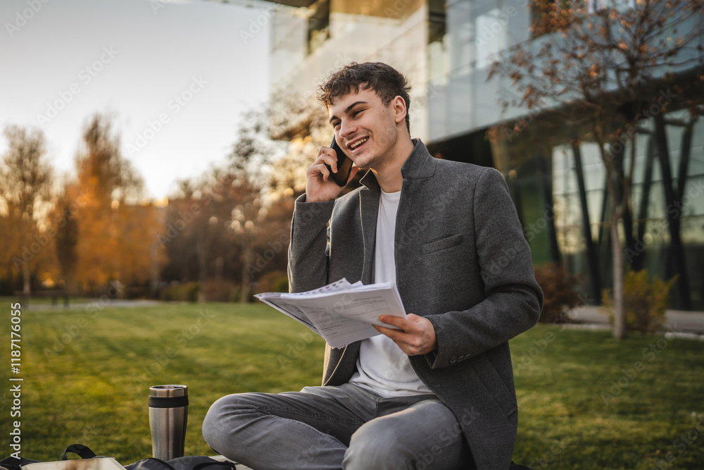 Obraz premium man sit on bench hold documents and talk on mobile phone on break
