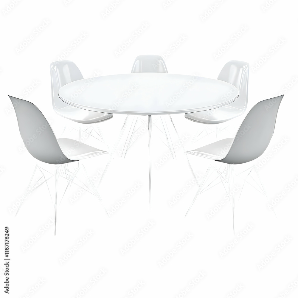 3D-rendered white dining table with round top, surrounded by eight plastic chairs, isolated on a black background in a simple, clean design, high-resolution photography. 3D-rendered white dining table with round top, surrounded by eight plastic chairs, isolated on a black background in a simple, clean design, high-resolution photography.