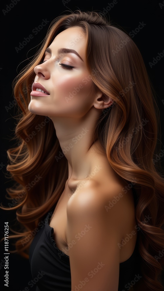Fototapeta premium Beauty brunette girl with long and shiny wavy hair . Beautiful woman model with curly hairstyle shine and volume in black dress on dark background, hair care products and luxury salons.