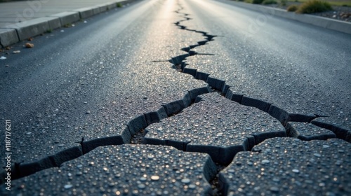 A Detailed Close-Up of a Cracked Asphalt Road Surface with Morning Dew