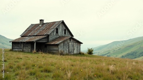Rustic Wooden Farmhouse on a Rolling Grassland Hillside Under a Pale Sky