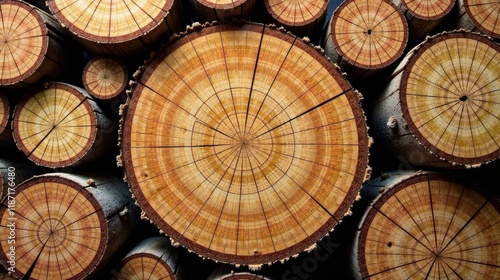 Intricate Wooden Cross-Sections Arranged in a Striking Stack, Exhibiting Detailed Radial Patterns and Warm Hues