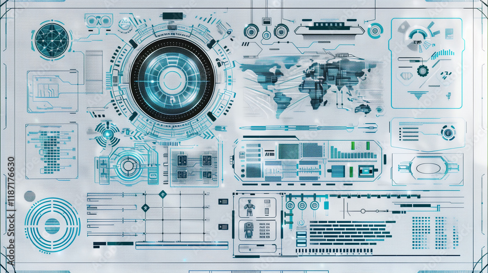Obraz premium Futuristic HUD interface with blue digital elements, grid layout, and technical code overlay on a white background, concept of virtual tech design. 3D Rendering.