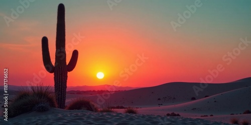 A majestic saguaro cactus silhouetted against a vibrant desert sunset, its tall form standing resolute amidst rolling sand dunes as the sun dips below the horizon, painting the sky in fiery hues.