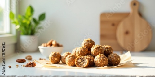 A delectable assortment of homemade nutty energy balls, arranged on parchment paper, bathed in sunlight, near a bowl of almonds and pecans