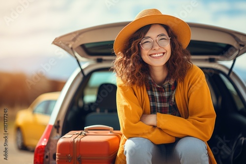Young woman smiling while sitting on car trunk with suitcase ready for road trip