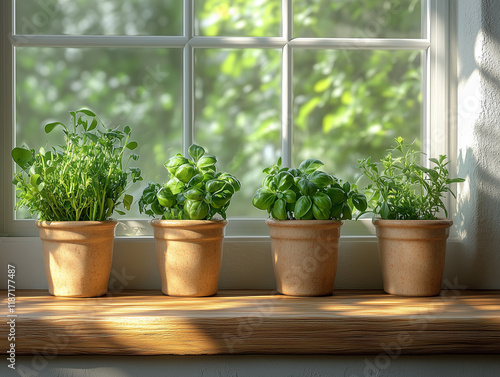 A potted plant sits on a wooden table next to a window. There are several other potted plants in the room