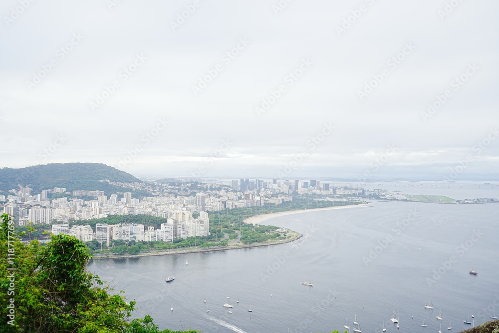 Aerial View from PaodeAçúcar or Sugarloaf Mountain and Cable Car in Copacabana, Rio de Janeiro, Brazil - ブラジル リオデジャネイロ ポン・ヂ・アスーカル または シュガー ローフ マウンテンからの景色