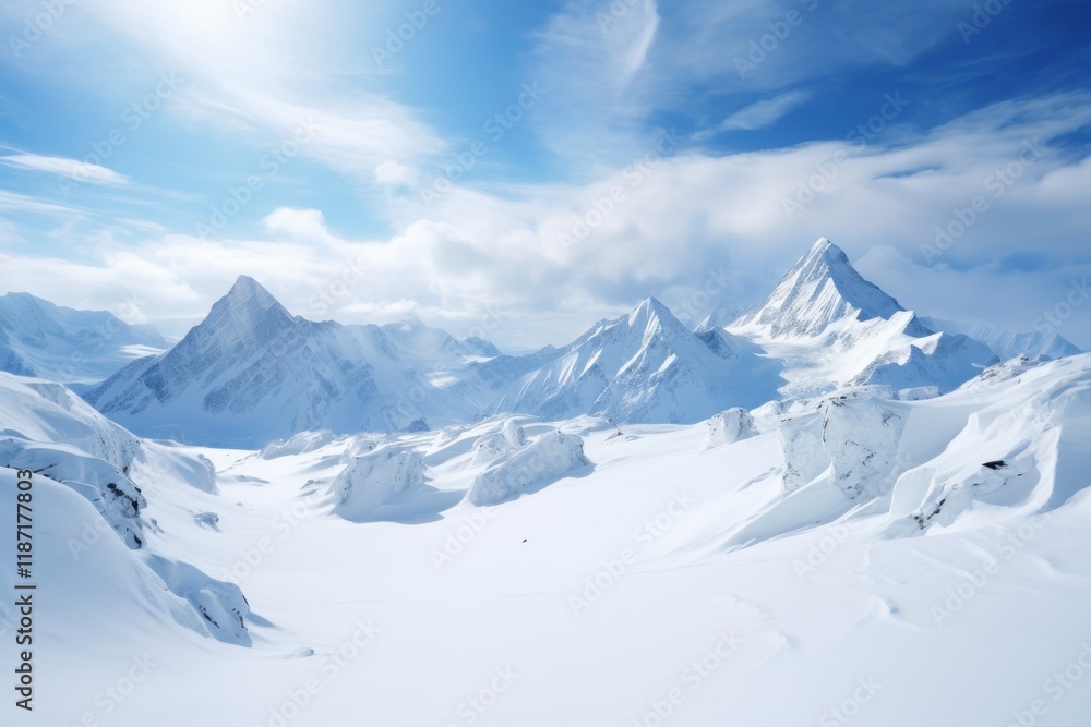 Majestic snow-covered mountains under a clear blue sky with scattered clouds in a serene landscape Majestic snow-covered mountains under a clear blue sky with scattered clouds in a serene landscape