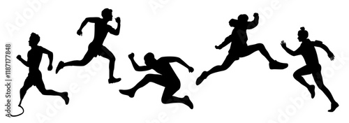 Silhouettes of Male and female athletes running. Healthy active lifestyle. Maraphon, Sprint, jogging, warming up. Sport, fitness design, black vector illustrations isolated on transparent background.
