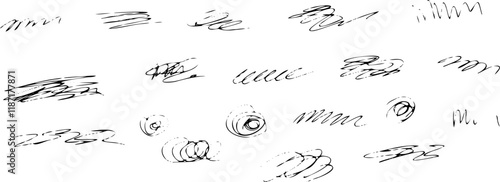 Set black curve hand drawn wavy lines Grunge scrawls scribbles charcoal pen strokes underlines Bold freehand shapes Underline crosses Vector illustration Ink brush Manifestation of the subconscious