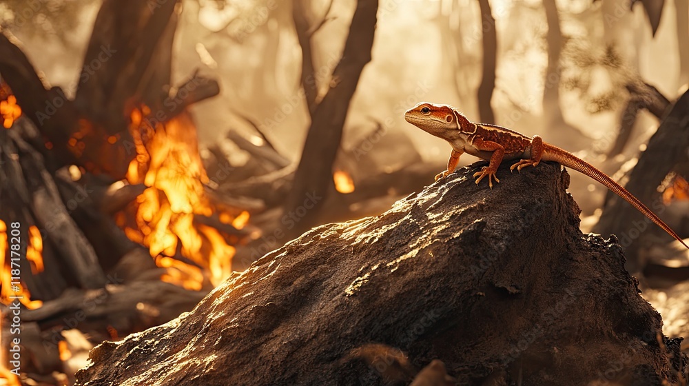 A lizard basking on a piece of scorched rock in a fire-damaged desert-like forest. A lizard basking on a piece of scorched rock in a fire-damaged desert-like forest.