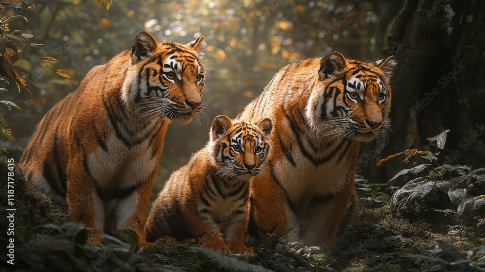 Tiger family alert in autumn forest setting, wildlife conservation concept Tiger family alert in autumn forest setting, wildlife conservation concept
