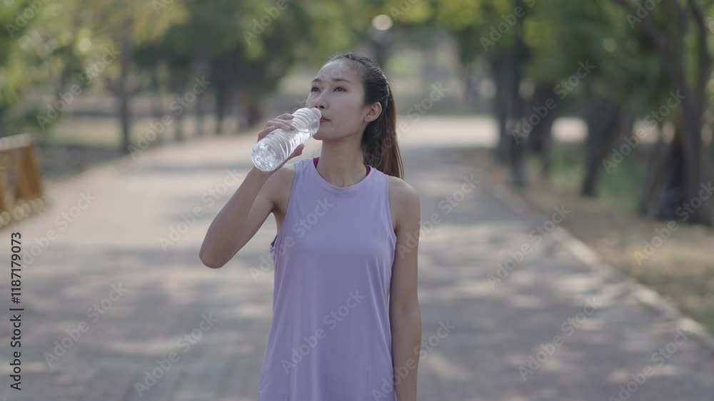 A women is exercising and drinking water in a park.k. A women is exercising and drinking water in a park.k.