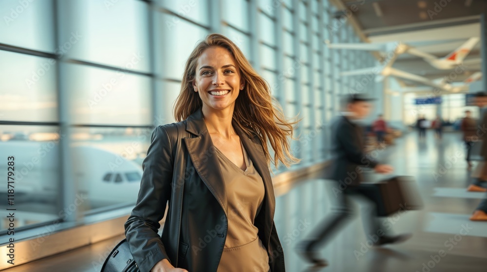 Smiling Businesswoman at Airport Terminal Smiling Businesswoman at Airport Terminal