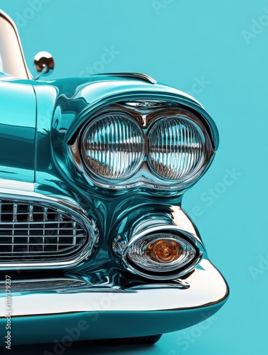 A classic vintage car is highlighted against a vibrant turquoise background, showcasing gleaming chrome details and prominent headlights. The unique design emphasizes nostalgia and craftsmanship